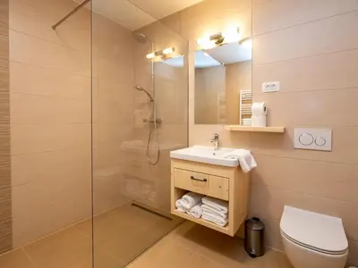 a bathroom with a toilet and a sink and a shower at The Woodland Nook Apartments Bohinj - Two Bedroom Apartment with Balcony in Bohinj