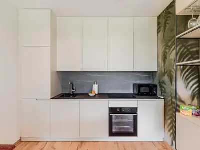a kitchen with white cabinets and a microwave at Bovec Chic Apartment with Sauna - One Bedroom Apartment with Balcony in Bovec