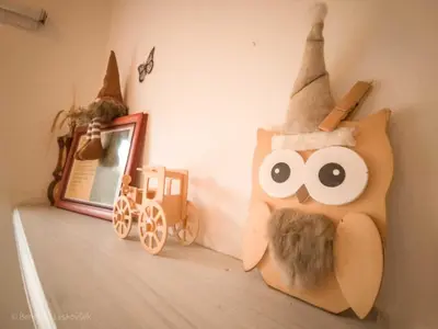 a shelf with a stuffed animal and a mirror at Rustic Refuge Glamping with Hot-Tub and Sauna - Two Bedroom Apartment with Terrace in Zreče