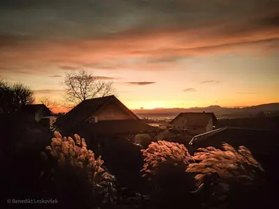 a painting of a sunset with flowers in the foreground at Rustic Refuge Glamping with Hot-Tub and Sauna - Two Bedroom Apartment with Terrace in Zreče
