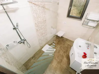 a bathroom with a shower and a toilet and a sink at Bled Prestigious and Stylish Apartments - Standard One Bedroom Apartment with Balcony in Bled