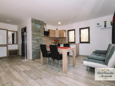 a kitchen and living room with a table and chairs at Bled Prestigious and Stylish Apartments - Standard One Bedroom Apartment with Balcony in Bled