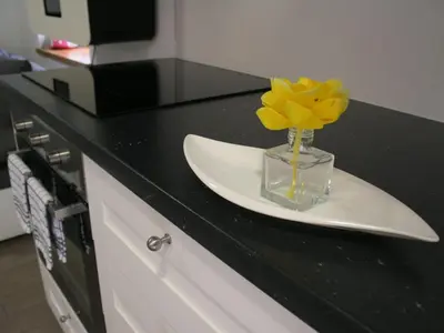 a vase with a yellow flower sitting on a counter at Riverside Rustic Ridge Apartments with Balcony - Two Bedroom Apartment with Balcony in Slappe dʼIdria