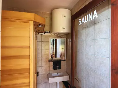 a bathroom with a sink and a mirror at Harvest Horizon Holiday Home with Sauna - One Bedroom Holiday Home in Brežice