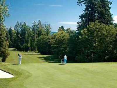 a group of people playing golf on a golf course at Harvest Horizon Holiday Home with Sauna - One Bedroom Holiday Home in Brežice