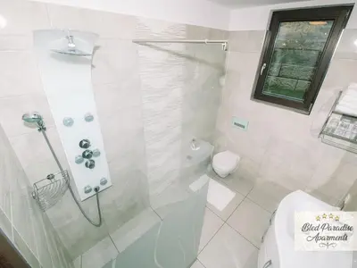 a white bathroom with a shower and a toilet at Bled Prestigious and Stylish Apartments - Classic Studio Apartment with Terrace in Bled