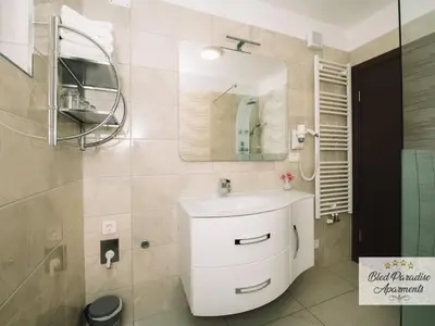 a bathroom with a white sink and a mirror at Bled Prestigious and Stylish Apartments - Classic Studio Apartment with Terrace in Bled
