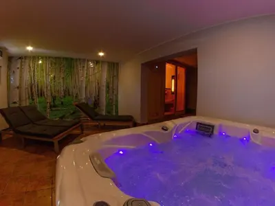 a large jacuzzi tub in a living room at Hillside Haven Holiday Home with Sauna and Hot-Tub - One Bedroom Holiday Home with Sauna and Hot-Tub in Podbočje