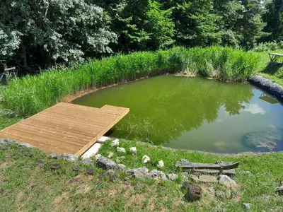 a small pond with a wooden dock and a bench at Hidden Authentic Haven Apartments - One Bedroom Apartment with Terrace in Sevnica