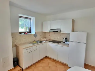 a kitchen with white cabinets and a white refrigerator at Peaceful Countryside Holiday Home with Terrace - One Bedroom Holiday Home with Terrace in Tolmin