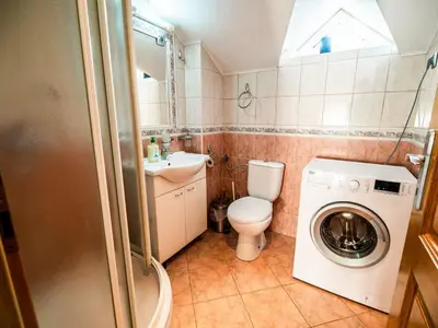 a bathroom with a toilet sink and a washing machine at Sunny and Comfortable Apartment with Terrace and Garden - Two Bedroom Apartment with Terrace in Rečica ob Savinji