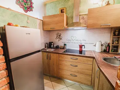 a kitchen with a refrigerator and a sink at Elegant and Stylish Retreat Apartments with Terrace - Two Bedroom Apartment with Terrace in Brežice