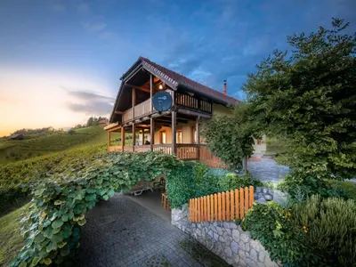 a house on top of a hill with a stone walkway at Vivid Hillside Country House with Hot-Tub and Sauna - Two Bedroom Country House in Sevnica