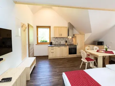 a large room with a bed and a kitchen at The Woodland Nook Apartments Bohinj - Standard Two Bedroom Apartment with Balcony in Bohinj