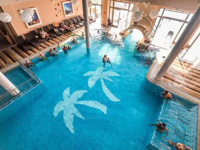 an overhead view of a swimming pool with people in it at Stylish Retreat with BBQ and Modern Amenities near Terme - Three Bedroom Apartment in Dobova