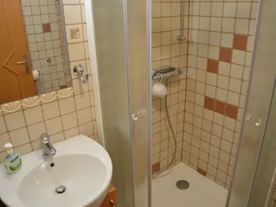 a small bathroom with a sink and a shower at Two Bedroom Apartment with Balcony in Kranjska Gora