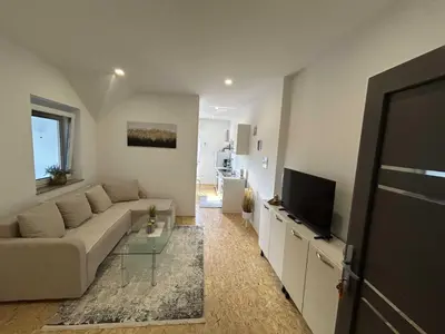 a living room with a couch and a flat screen tv at City Modern and Vibrant Apartments Ljubljana - Standard One Bedroom Apartment in Ljubljana