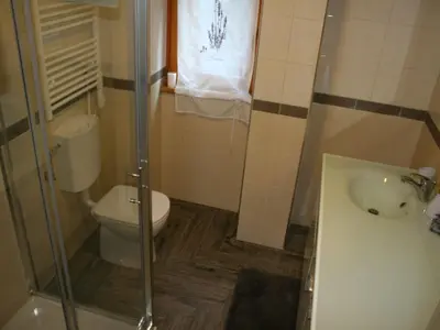 a bathroom with a toilet and a sink and a shower at Riverside Rustic Ridge Apartments with Balcony - Three Bedroom Apartment with Balcony in Slappe dʼIdria