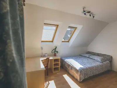 a bedroom with a bed and a desk and windows at Comfortable Apartment with Mountain View - One Bedroom Apartment in Bovec
