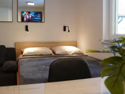 a bedroom with a bed and a tv on the wall at Cozy and Chic Apartment in Kranjska Gora - Studio Apartment in Kranjska Gora
