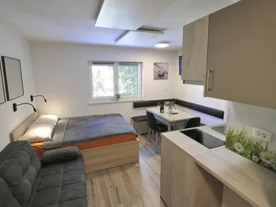 a small room with a bed and a kitchen at Cozy and Chic Apartment in Kranjska Gora - Studio Apartment in Kranjska Gora