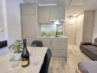 a kitchen with a table with a bottle of wine on it at Cozy and Chic Apartment in Kranjska Gora - Studio Apartment in Kranjska Gora