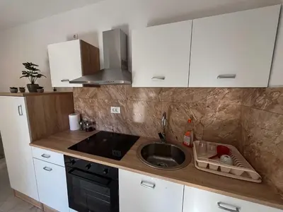 a kitchen with a sink and a counter top at Delightful Cozy Riverside Apartment - One Bedroom Apartment with Terrace in Rečica ob Savinji