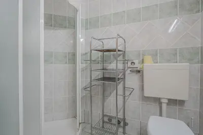 a bathroom with a shower with a toilet and a shelf at Oblak Estate Apartments in Ortnek
