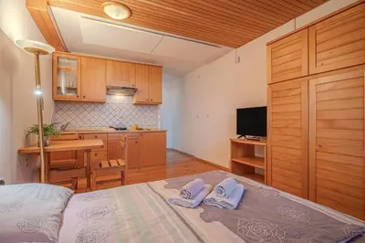 a bedroom with a bed and a desk and a kitchen at Oblak Estate Apartments in Ortnek