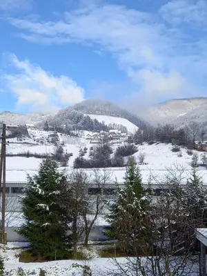 a snow covered hill with trees and a train at Spacious 2 bed Villa near Spa Town Rogaska Slatina in Rogaška Slatina