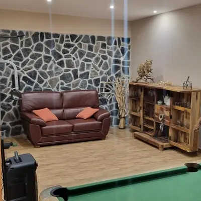 a living room with a couch and a pool table at Rupicapra Holiday Mountain House in Kostel