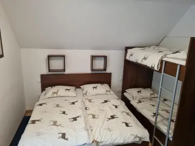 a bedroom with two bunk beds and a ladder at Rupicapra Holiday Mountain House in Kostel