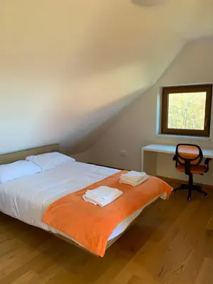 a bedroom with a bed and a desk and a chair at Hiša nad izvirom reke Krke in Krka