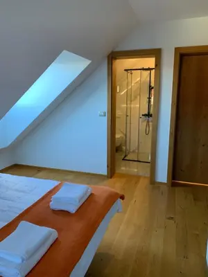 a attic bedroom with a bed and a glass shower at Hiša nad izvirom reke Krke in Krka