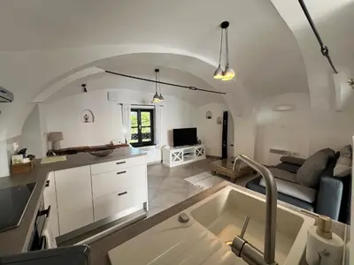 a kitchen and living room with a couch and a sink at City Center Deluxe in Kranj