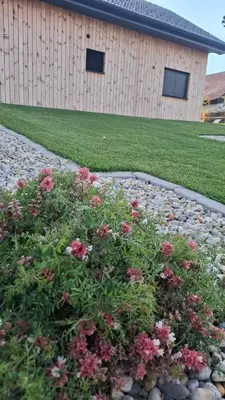 a garden with pink flowers in front of a building at RANČ Dida