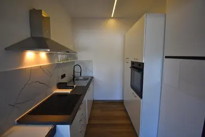 a kitchen with a sink and a stove at Apartma Fontana in Ljubljana