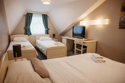 a attic room with two beds and a television at Hotel Kunst in Krško