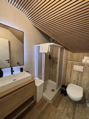 a bathroom with a sink and a toilet and a mirror at Apartman O Terme Olimia in Ravne na Koroškem