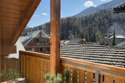 a balcony with a view of a mountain at Apartment Kranjska Gora Diamond in Kranjska Gora