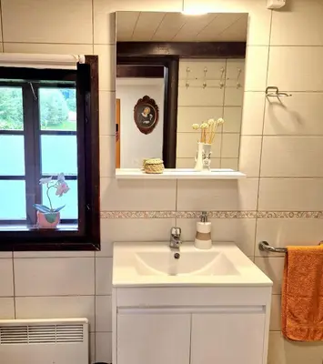 a bathroom with a sink and a mirror and a window at Atelje Mlin Umetnin Retreat in Šentjur