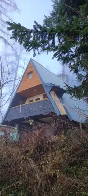a house with a triangular roof on top of a hill at The house at the larssen in Šmartno pri Slovenj Gradcu