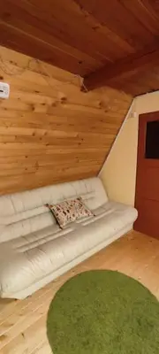 a white couch in a room with a green rug at The house at the larssen in Šmartno pri Slovenj Gradcu