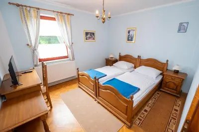 a bedroom with a bed and a desk and a television at Winery Toplak in Juršinci