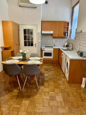 a kitchen with a table and chairs in it at Ana Marija Apartment - Vila Golf in Rogaška Slatina