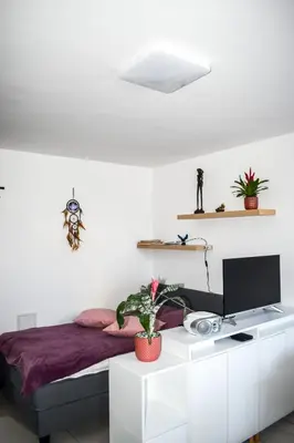 a bedroom with a bed and a desk with a tv at Apartment River Ljubljanica in Ljubljana