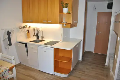 a kitchen with a sink and a counter top at Studio Korra in Kranjska Gora