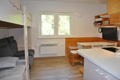 a small room with a bunk bed and a kitchen at Studio Korra in Kranjska Gora