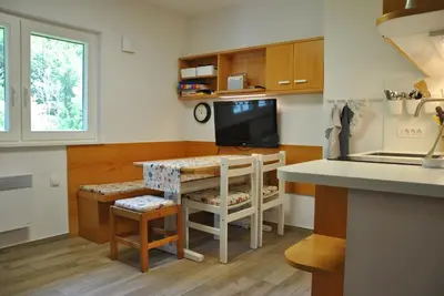 a kitchen with a table and chairs and a television at Studio Korra in Kranjska Gora