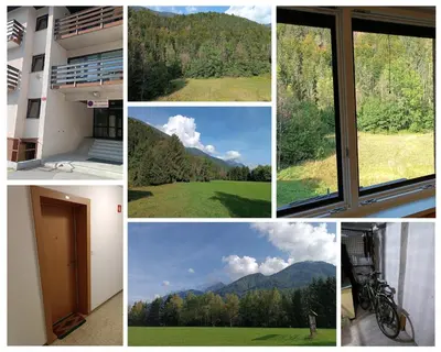 a collage of photos with a view of a mountain at Studio Korra in Kranjska Gora